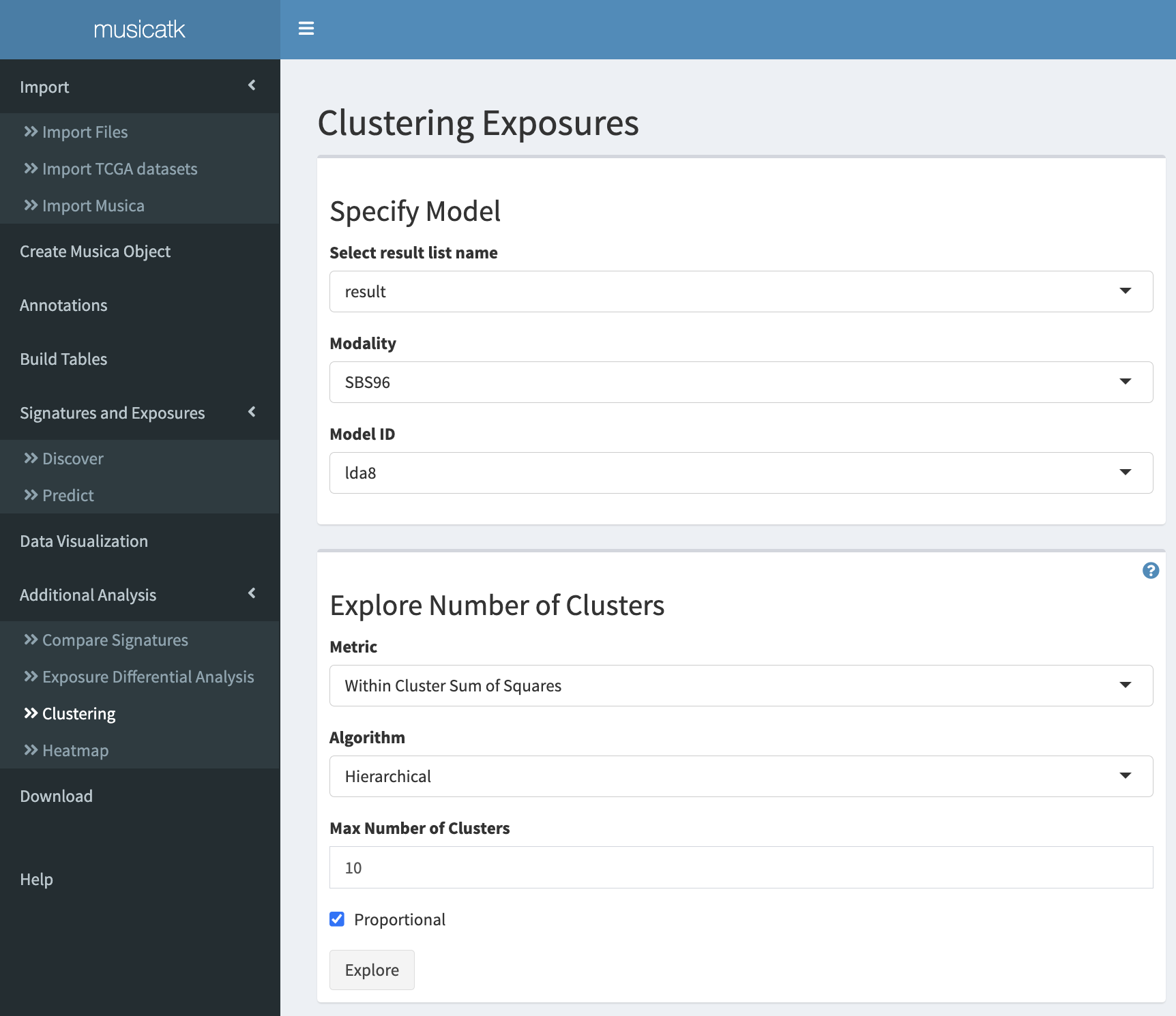 screenshot of clustering tab