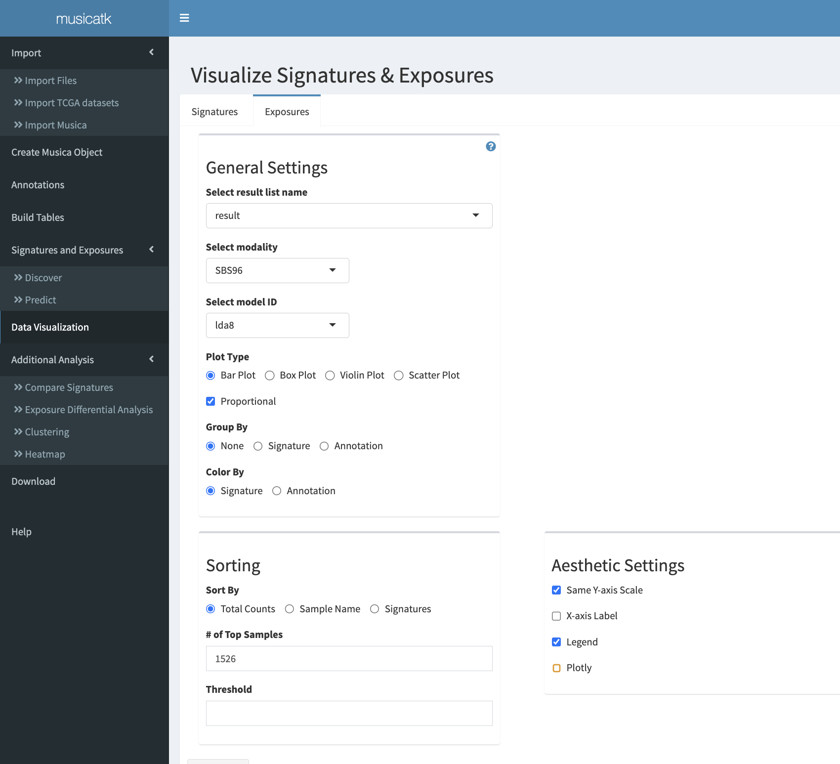screenshot of exposure section of data visualization tab