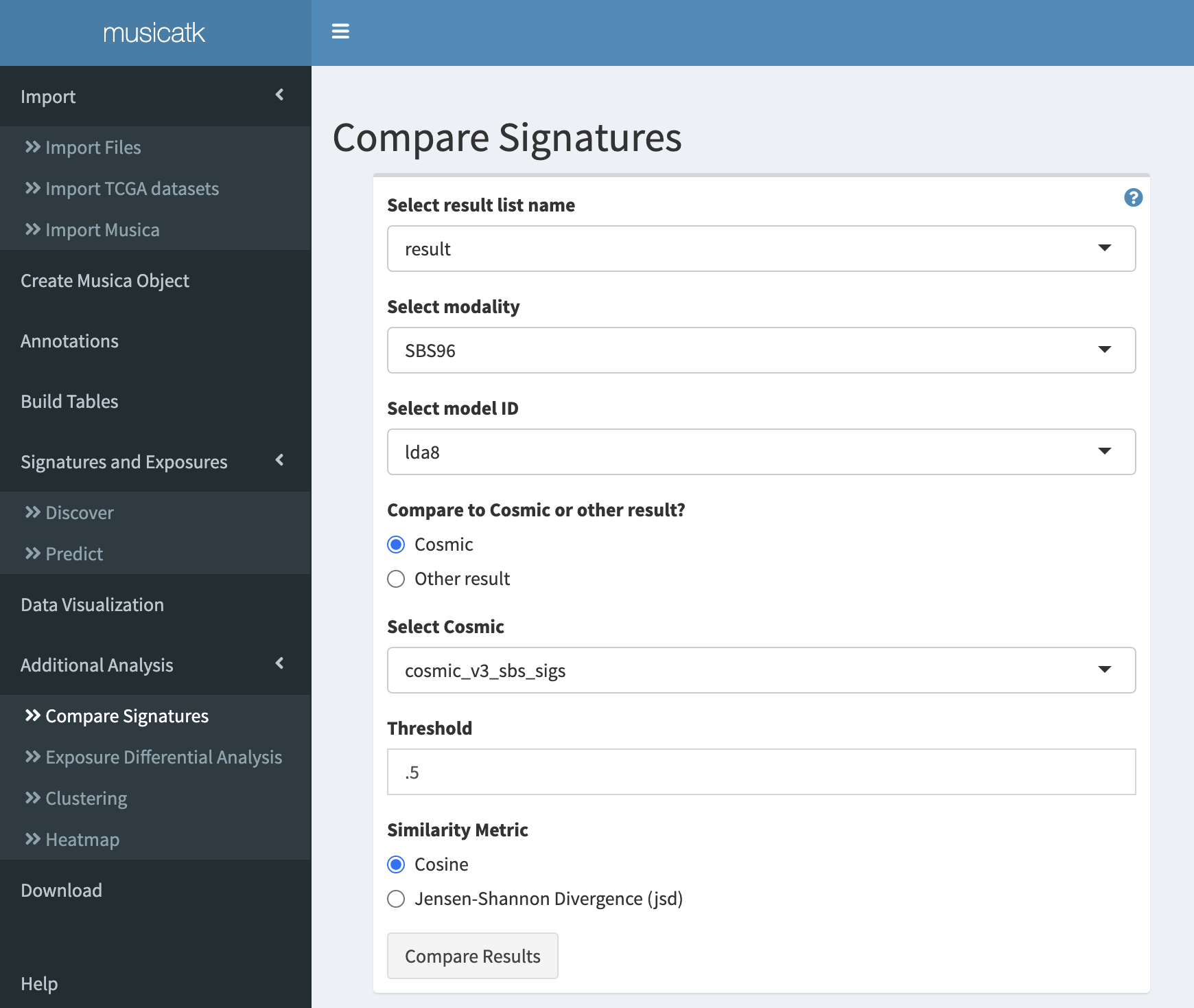 screenshot of compare signatures tab