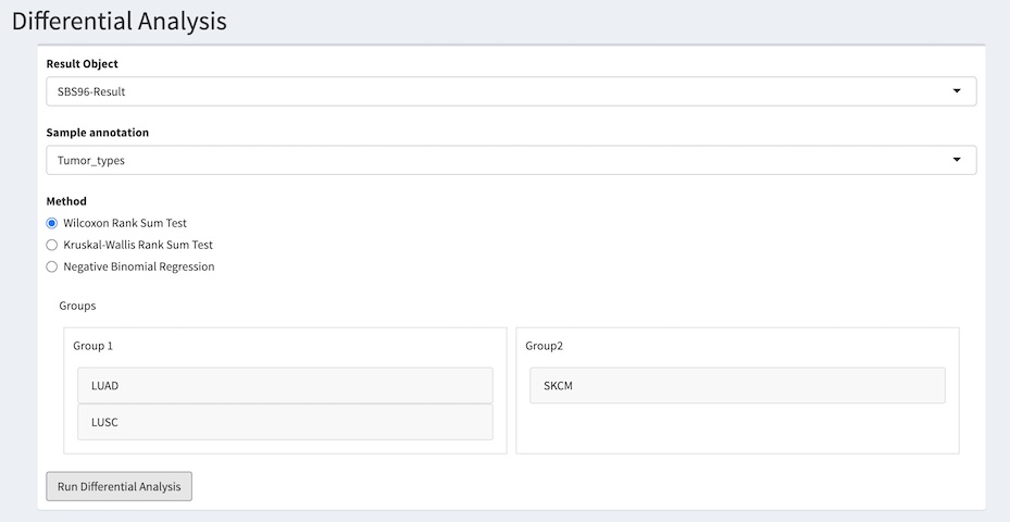 screenshot of differential analysis settings