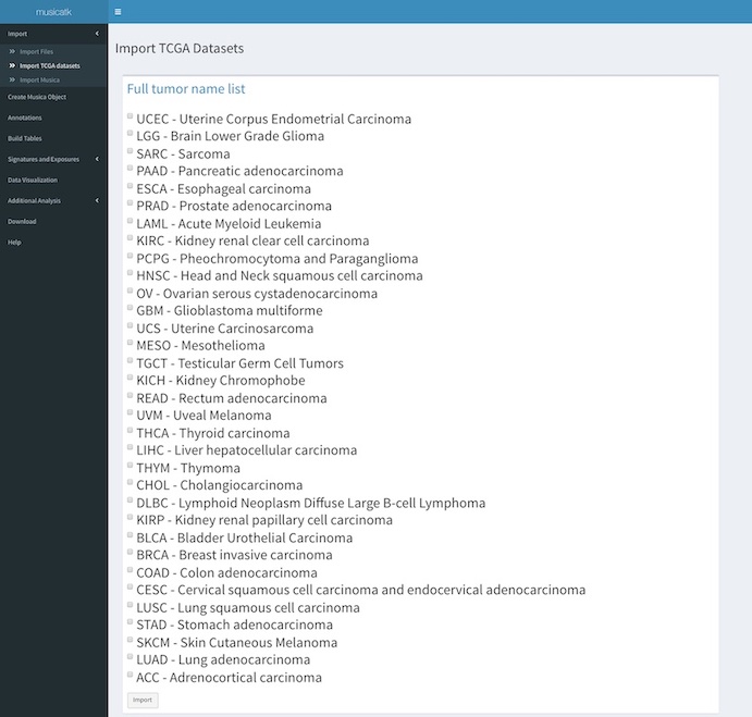 screenshot of TCGA import tab